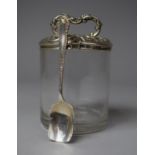 A Glass Preserve Pot with Silver Lid and Unrelated Spoon, Both Birmingham Hallmarks