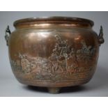 A Japanese Bronze Two Handled Jardiniere Decorated in Relief with Family Beside River, On Three