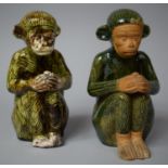 Two Chinese Glazed Stoneware Inkwells and Holders in the Form of Seated Monkeys, Both with Ink Store