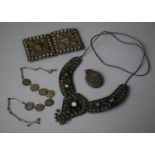 An Indian White Metal Necklace with Plated Belt Buckle, Threepenny Bit Bracelet and a Victorian