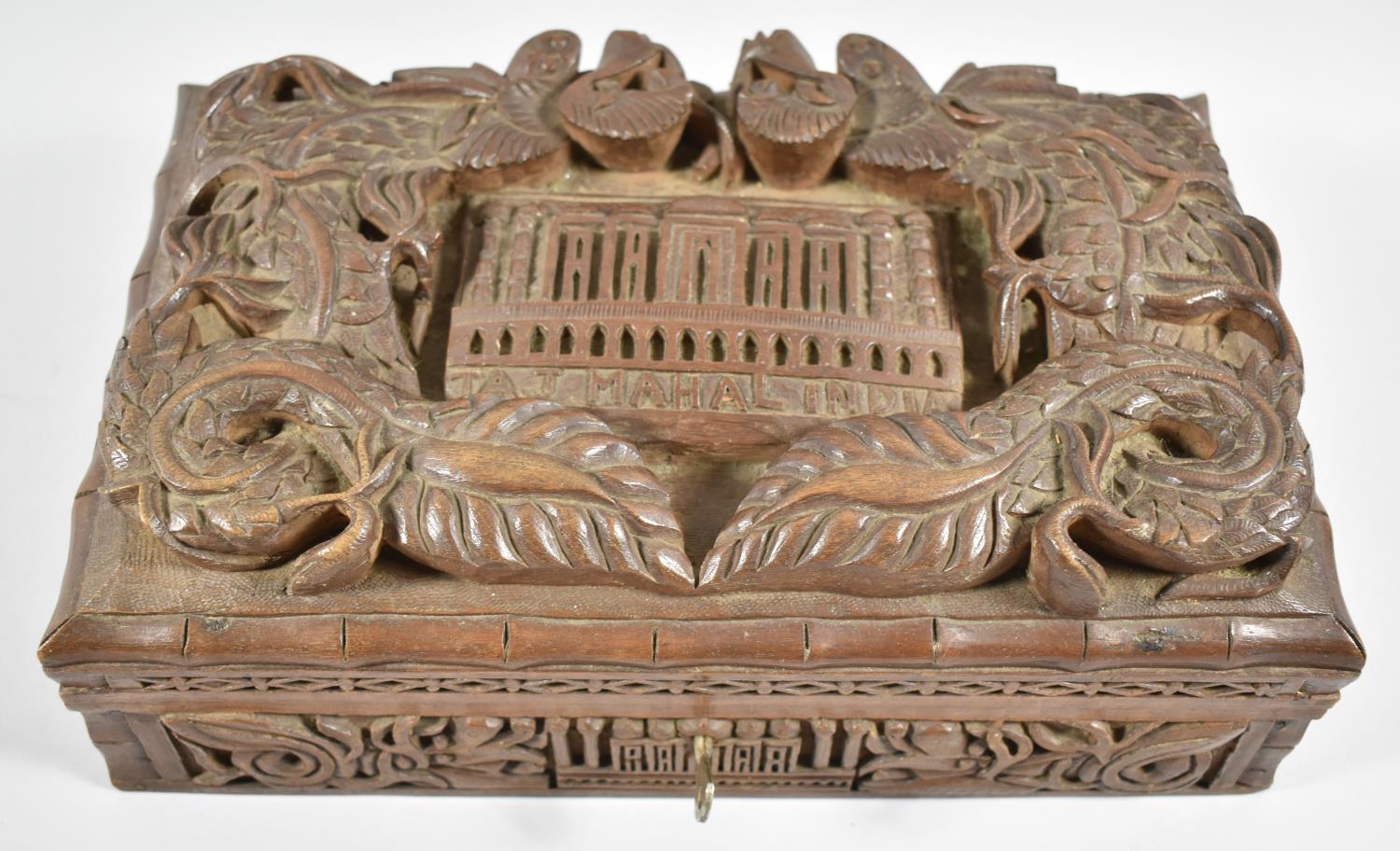 A Late 19th/Early 20th Century Deeply Carved Teak Souvenir Box for the Taj Mahal, India, Hinged