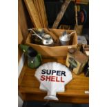 A Collection of Vintage Oil Cans, Reproduction Super Shell Sign etc