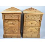 A Pair of Gothic Style Pine Three Drawer Bedside Cabinets, Galleried Back, 49cm wide