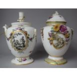 A German Porcelain Two Handled Vase Decorated with Garlands of Flowers and Monochrome Cartouche,