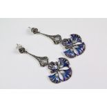 A Pair of Silver and Plique a Jour Drop Earrings