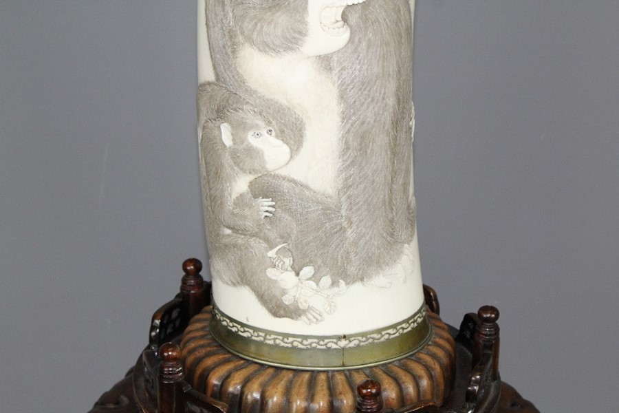 A Japanese Meiji Era (1868-1912) Tusk Vase. The vase elaborately carved with a realistic monkey - Image 6 of 20