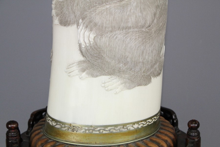 A Japanese Meiji Era (1868-1912) Tusk Vase. The vase elaborately carved with a realistic monkey - Image 11 of 20