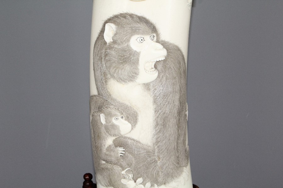 A Japanese Meiji Era (1868-1912) Tusk Vase. The vase elaborately carved with a realistic monkey - Image 5 of 20