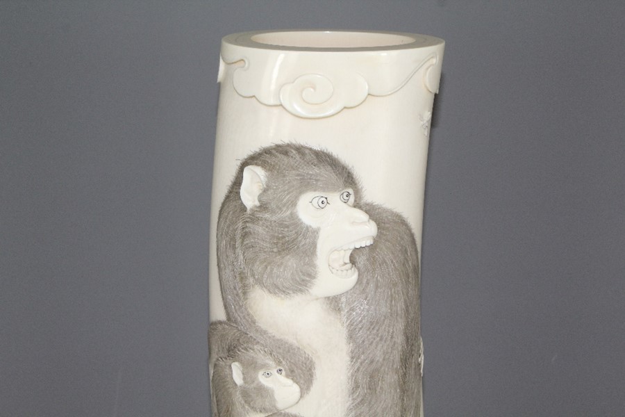 A Japanese Meiji Era (1868-1912) Tusk Vase. The vase elaborately carved with a realistic monkey - Image 4 of 20