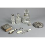 Miscellaneous silver - including a cut-glass and silver-collared perfume bottle, two cut-glass and