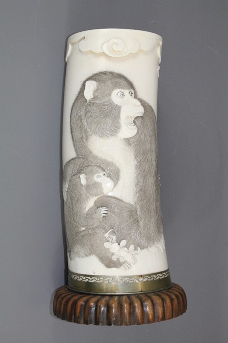 A Japanese Meiji Era (1868-1912) Tusk Vase. The vase elaborately carved with a realistic monkey - Image 17 of 20