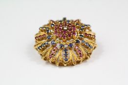 18ct Yellow Gold Sapphire and Ruby Brooch