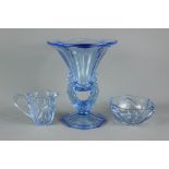 Three Blue Glass Czechoslovakian Items