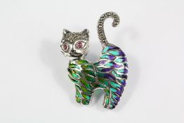 A Silver and Plique a Jour Cat Brooch