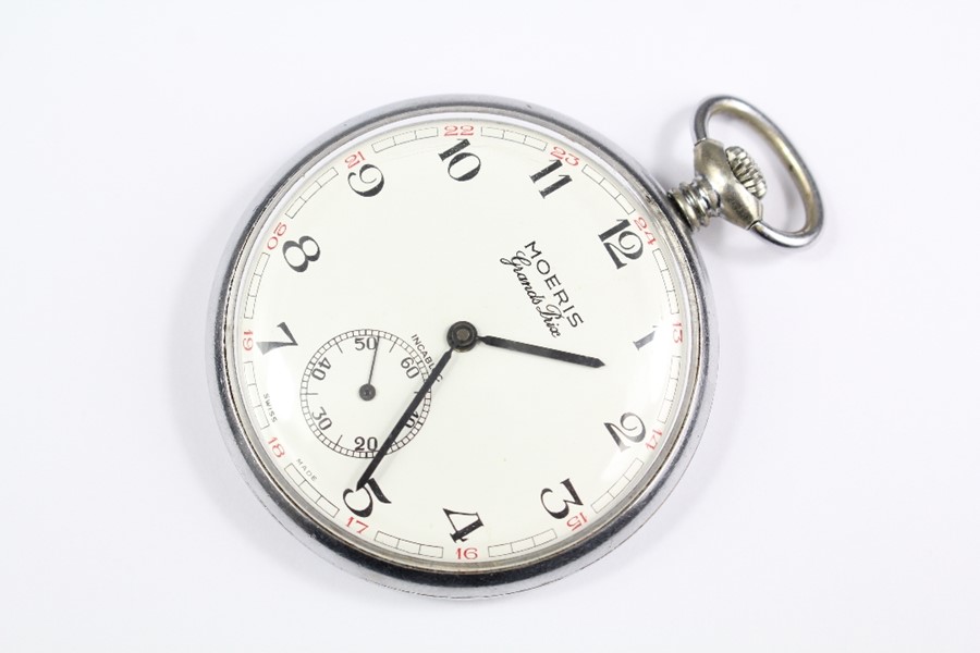 Stainless Steel Moeris Grand Prix Incabloc Pocket Watch