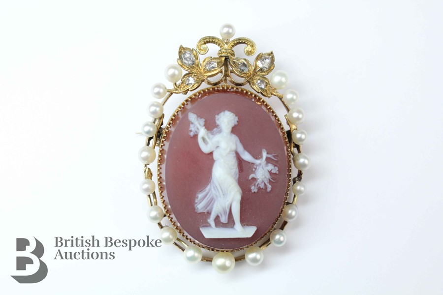 Antique 14ct Diamond, Pearl Cameo Brooch