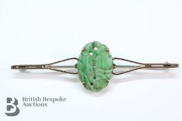 A Chinese 9ct White Gold and Jade Pin Brooch