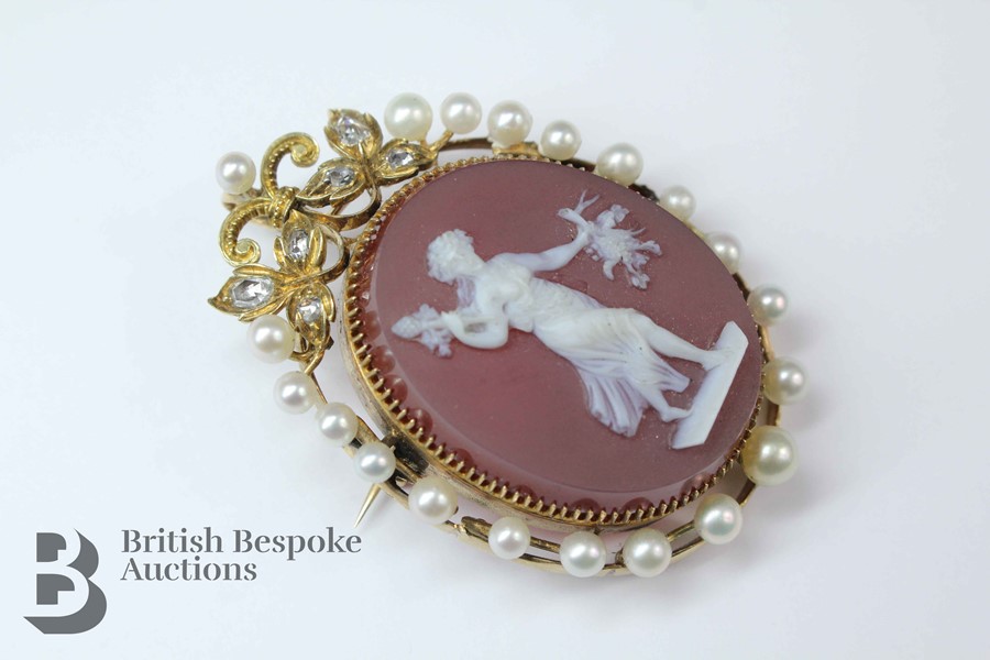 Antique 14ct Diamond, Pearl Cameo Brooch - Image 4 of 6