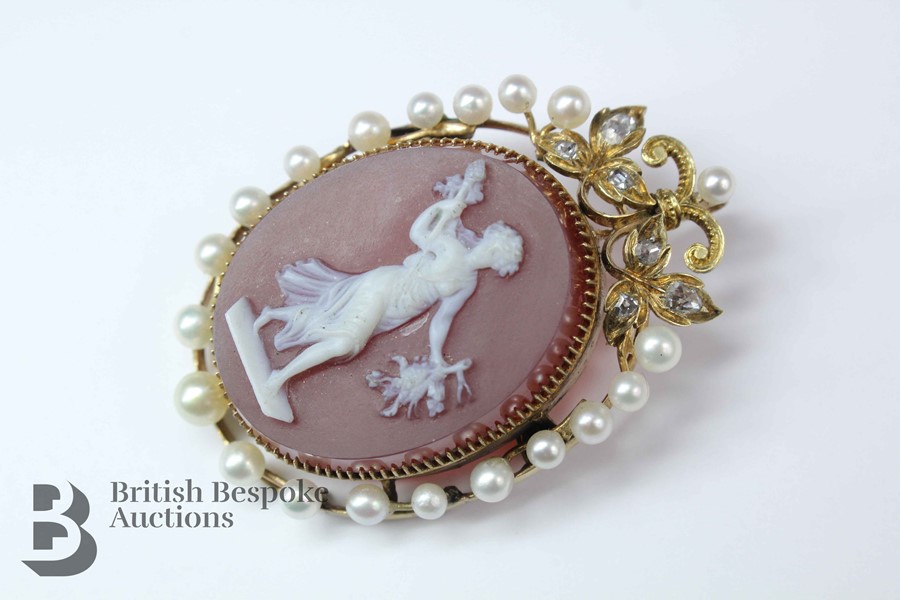Antique 14ct Diamond, Pearl Cameo Brooch - Image 2 of 6