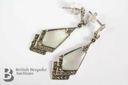 Pair of Silver Marcasite and Mother of Pearl Drop Earrings