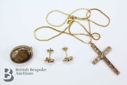 9ct Gold Cross and Chain Earrings and Brooch