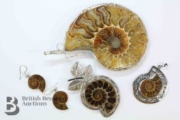 Silver Ammonite Pendant and Earrings