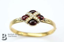 Antique Yellow Gold Cabachon Garnet and Pearl Bangle