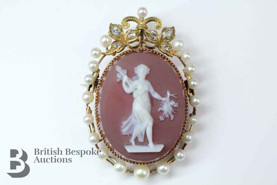 Antique 14ct Diamond, Pearl Cameo Brooch - Image 6 of 6