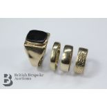 Gentleman's 9ct Gold Onyx Seal Ring and Three Wedding Band