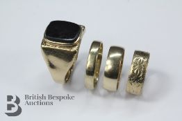 Gentleman's 9ct Gold Onyx Seal Ring and Three Wedding Band