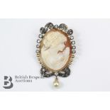 Continental Diamond and Pearl Shell Cameo Brooch