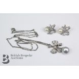 14/15ct White Gold Pearl and Diamond Bow Pendant and Earrings