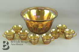 Iridescent Carnival Glass Punch Bowl and Cups