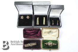 Three Pairs of Earrings and Two 9ct Gold Bar Brooches