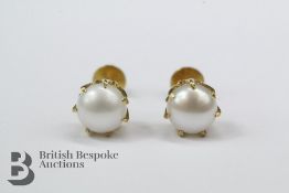 Pair of High Carat Yellow Gold and Button Pearl Ear Studs