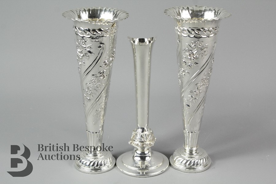 A Pair of Decorative Silver Vases And Small Silver Specimen Vase