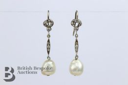 Pair of Diamond and Natural Pearl Earrings