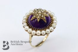 Victorian 9ct Cabochon Amethyst and Seed Pearl Ring