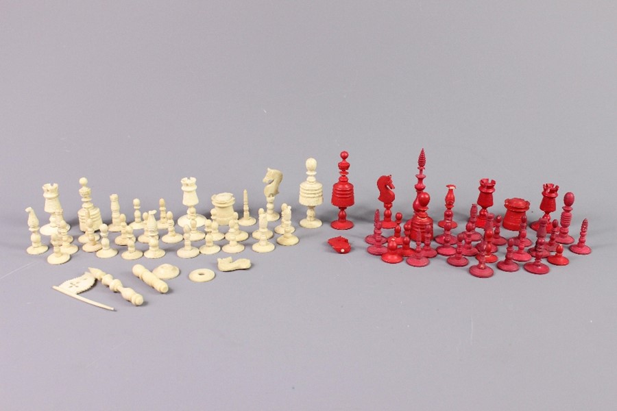 Wooden Chess Set and Stained Ivory Chess Pieces