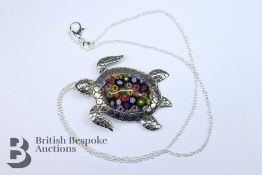 Silver and Millefiori Glass Turtle Pendant Necklace