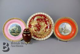 Two Prattware Plates, Royal Crown Derby Plate and Carlton Ware Jar