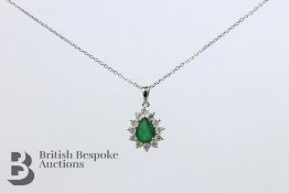 18ct White Gold Pear Shaped Emerald and Diamond Pendant