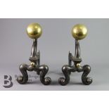 A Pair of English Wrought Iron and Brass Fire Dogs