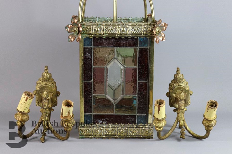 Brass and Coloured Glass Ceiling Light - Image 2 of 4