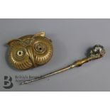 Brass Owl Vesta and Brass Button Hook