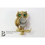 Yellow Gold Green Stone and Rock Crystal Owl Brooch