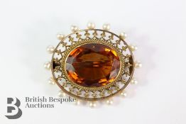 Topaz and Pearl Brooch