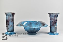 Blue Glass Art Deco-Style Vase and Bowl