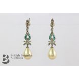Pair of Art Deco Pearl, Emerald and Diamond Paste Earrings