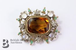Citrine, Diamond,Moonstone and Emerald Brooch